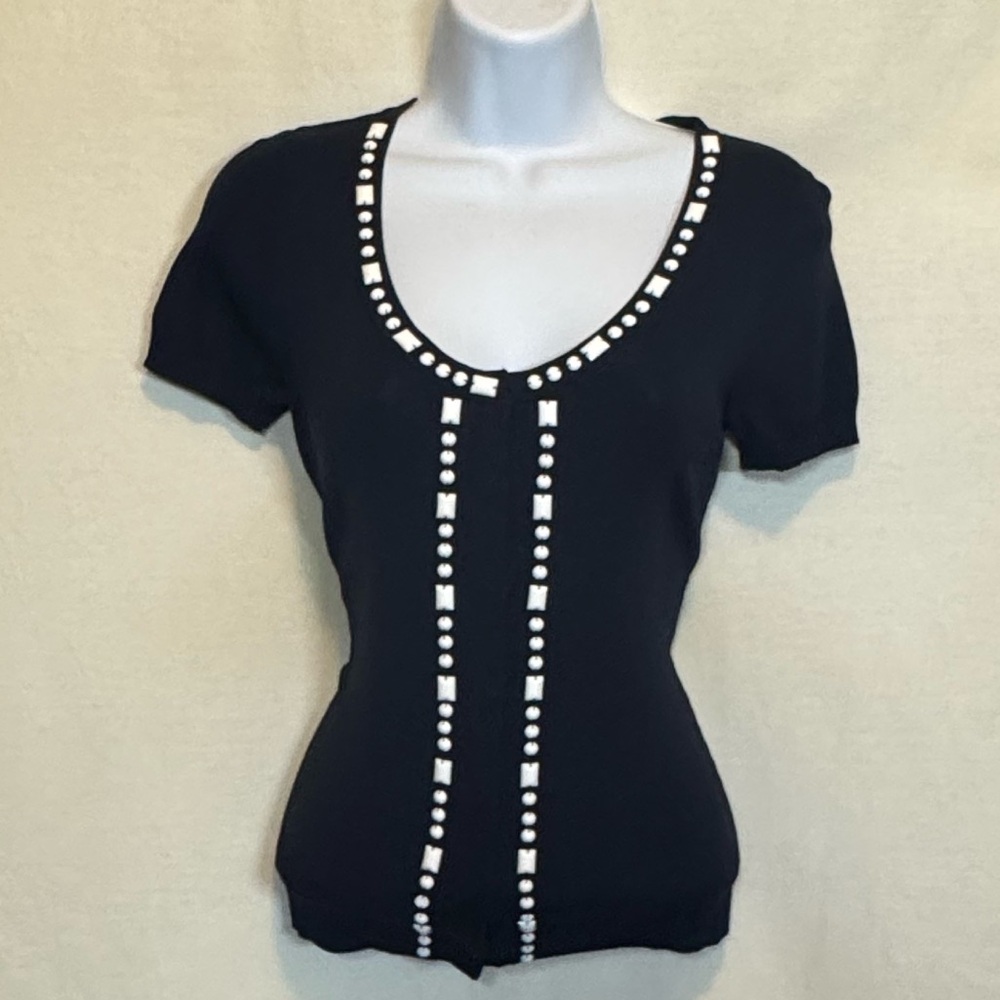 G-63 Loft Blue & White Beaded Short Sleeve Snap Front Sweater Size XXSP